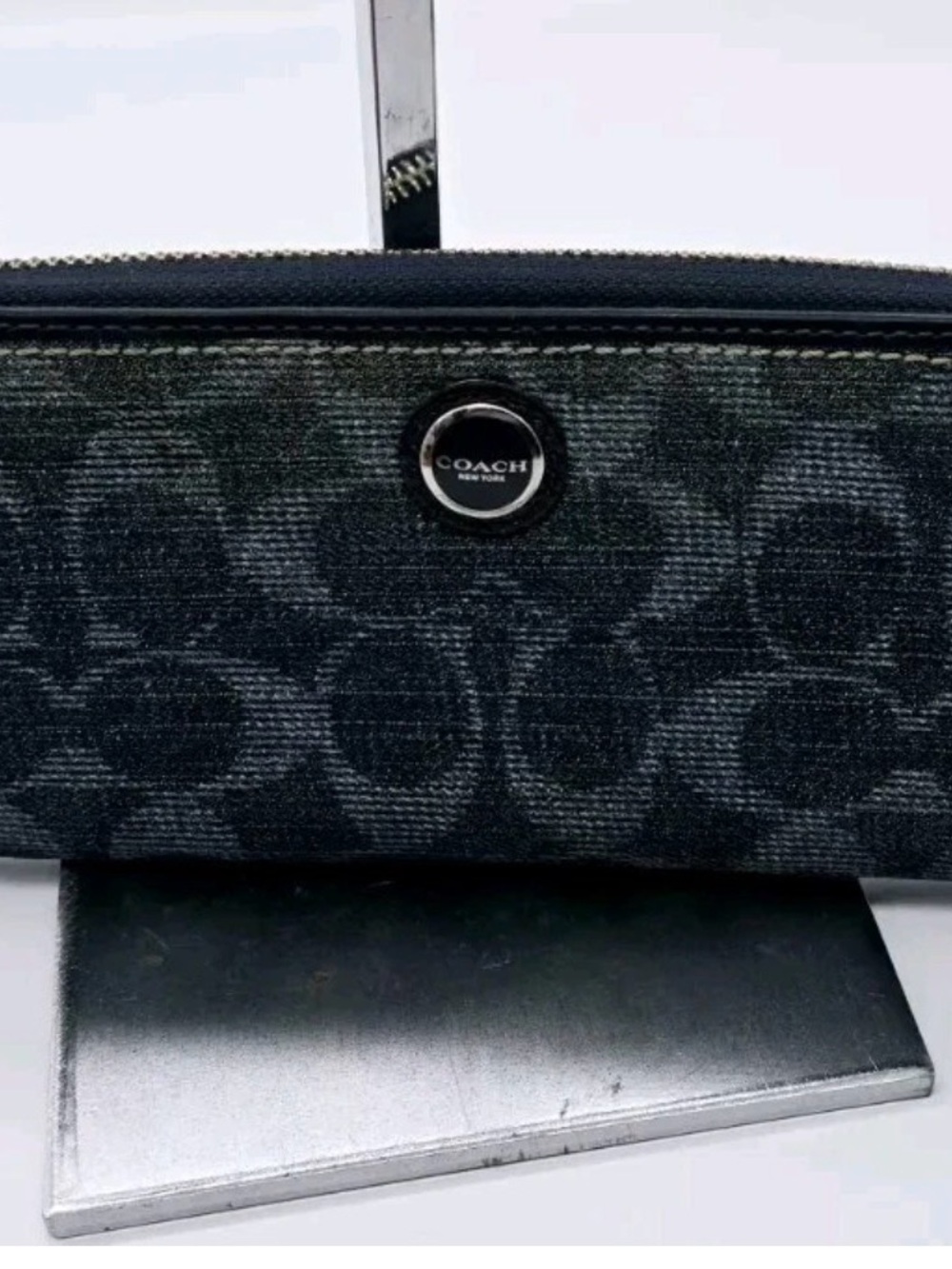 Coach Denim-Black Signature Wristlet with Silver Accent